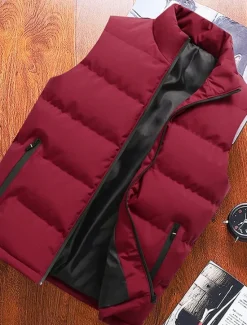 Discount OUKU Men's Down Vest Puffer Vest Vest Gilet Daily Date Vacation Fashion Casual Fall & Winter Pocket Polyester Warm Comfortable Plain Zipper Standing Collar Regular Fit Red Blue Vest Black