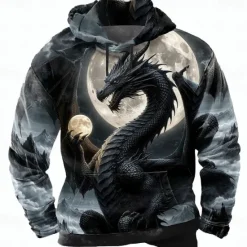 Best OUKU Men's Dragon 3D Hoodie Sweatshirt Cool Party Crew Neck Club Streetwear Purple Green Drawstring Fall Winter Designer