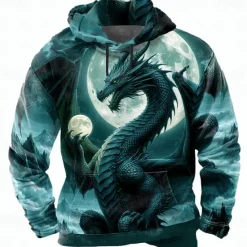 Best OUKU Men's Dragon 3D Hoodie Sweatshirt Cool Party Crew Neck Club Streetwear Purple Green Drawstring Fall Winter Designer