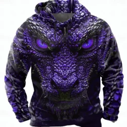 Online OUKU Men's Dragon 3D Hoodie Sweatshirt Cool Party Crew Neck Club Streetwear Blue Purple Drawstring Fall Winter Designer