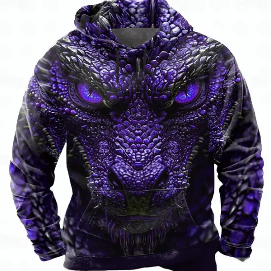Online OUKU Men's Dragon 3D Hoodie Sweatshirt Cool Party Crew Neck Club Streetwear Blue Purple Drawstring Fall Winter Designer