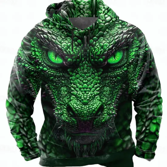 Online OUKU Men's Dragon 3D Hoodie Sweatshirt Cool Party Crew Neck Club Streetwear Blue Purple Drawstring Fall Winter Designer