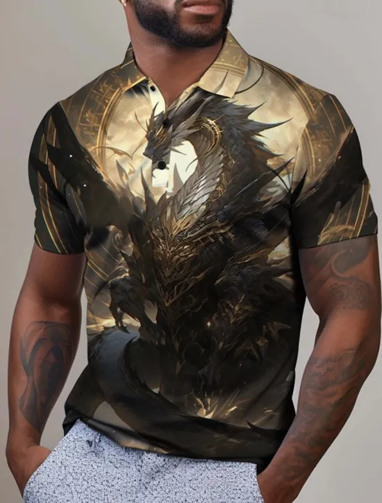 Outlet OUKU Men's Dragon Golf Shirt Short Sleeve Polo Shirts Collared Shirts Casual Funny Vacation Wear Party Outfits Buttons 3D Print Summer Yellow Red Blue