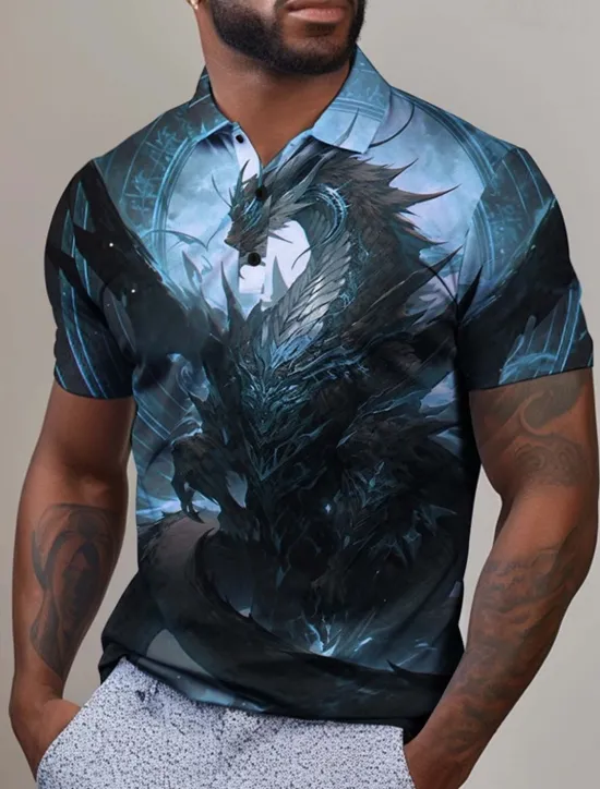 Outlet OUKU Men's Dragon Golf Shirt Short Sleeve Polo Shirts Collared Shirts Casual Funny Vacation Wear Party Outfits Buttons 3D Print Summer Yellow Red Blue