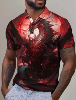 Outlet OUKU Men's Dragon Golf Shirt Short Sleeve Polo Shirts Collared Shirts Casual Funny Vacation Wear Party Outfits Buttons 3D Print Summer Yellow Red Blue