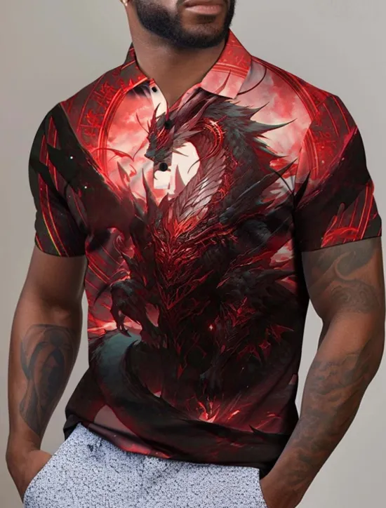 Outlet OUKU Men's Dragon Golf Shirt Short Sleeve Polo Shirts Collared Shirts Casual Funny Vacation Wear Party Outfits Buttons 3D Print Summer Yellow Red Blue