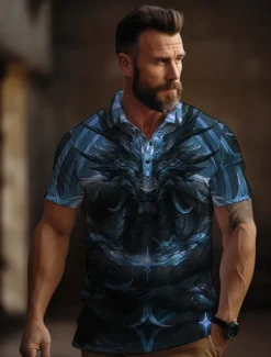 OUKU Men's Dragon Golf Shirt Short Sleeve Polo Shirts Collared Shirts Casual Funny Vacation Wear Party Outfits Buttons 3D Print Summer Blue Purple Gold