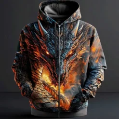 Online OUKU Men's Dragon Hoodies Fashion Cool Long Sleeve Hooded Vacation Going out Streetwear Drawstring Zipper Fall Winter Designer Black