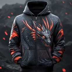 Sale OUKU Men's Dragon Hoodies Fashion Cool Long Sleeve Hooded Vacation Going out Streetwear Drawstring Zipper Fall Winter Designer Black