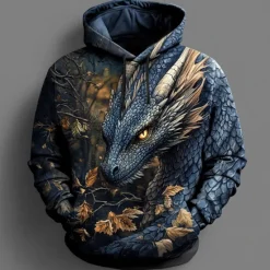 Sale OUKU Men's Dragon Hoodies Sweatshirt Fashion Cool Long Sleeve Crew Neck Party Holiday Streetwear Black Blue Drawstring Fall Winter Designer