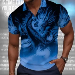 OUKU Men's Dragon Polo Shirts Golf Shirt Short Sleeve Polo Shirts Collared Shirts Casual Funny Vacation Wear Party Outfits Buttons 3D Print Summer Blue Khaki