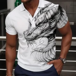 Discount OUKU Men's Dragon Polo Shirts Golf Shirt Short Sleeve Polo Shirts Collared Shirts Casual Funny Streetwear Vacation Wear Party Outfits Buttons 3D Print Summer Wine Green Gray