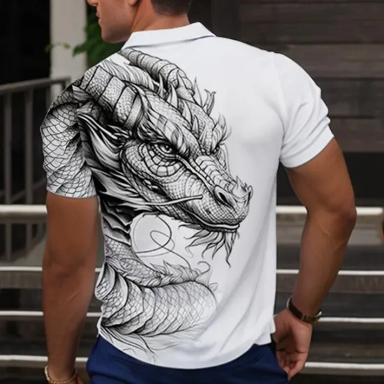 Discount OUKU Men's Dragon Polo Shirts Golf Shirt Short Sleeve Polo Shirts Collared Shirts Casual Funny Streetwear Vacation Wear Party Outfits Buttons 3D Print Summer Wine Green Gray