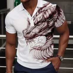 Discount OUKU Men's Dragon Polo Shirts Golf Shirt Short Sleeve Polo Shirts Collared Shirts Casual Funny Streetwear Vacation Wear Party Outfits Buttons 3D Print Summer Wine Green Gray