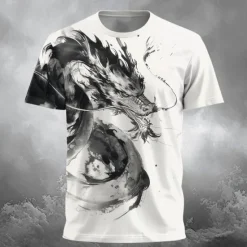 Best OUKU Men's Dragon T Shirt Short Sleeve T shirt 3D Print Crew Neck Shirt Designer Gothic Party Street Casual Summer Spring Clothing Apparel S M L XL XXL XXXL White