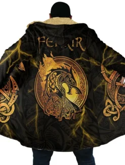 Sale OUKU Men's Dragon Totem Winter Coat Fleece Jacket Coat Thermal Warm Abstract Gothic Daily Wear Going out Pocket Print Fall & Winter Hooded Long Sleeve Yellow Blue Orange