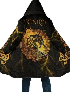 Sale OUKU Men's Dragon Totem Winter Coat Fleece Jacket Coat Thermal Warm Abstract Gothic Daily Wear Going out Pocket Print Fall & Winter Hooded Long Sleeve Yellow Blue Orange