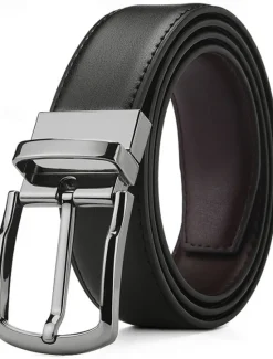New OUKU Men's Dress Belt Retro Casual Leather Belt Double-Sided Ratchet Belt Cowhide Alloy Pin Buckle Belt Stylish Gentleman Black