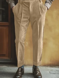 OUKU Men's Dress Pants Corduroy Pants Trousers Pleated Pants Gurkha Pants Pocket Plain Comfort Soft Full Length Party Business Daily Fashion Streetwear Light Khaki Black