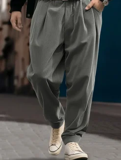 Online OUKU Men's Dress Pants Corduroy Pants Trousers Pleated Pants Suit Pants Front Pocket Straight Leg Plain Comfort Business Daily Holiday Fashion Chic & Modern Black Gray