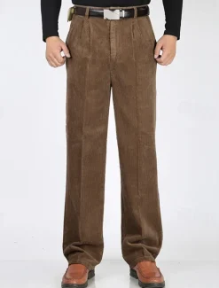 Sale OUKU Men's Dress Pants Corduroy Pants Trousers Straight Leg Plain Comfort Daily Classic Style Dark Khaki Black Micro-elastic