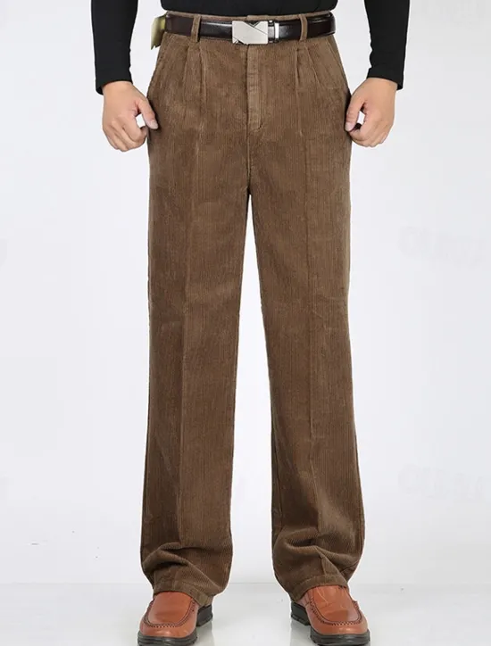 Sale OUKU Men's Dress Pants Corduroy Pants Trousers Straight Leg Plain Comfort Daily Classic Style Dark Khaki Black Micro-elastic