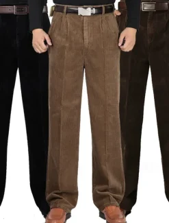 Sale OUKU Men's Dress Pants Corduroy Pants Trousers Straight Leg Plain Comfort Daily Classic Style Dark Khaki Black Micro-elastic
