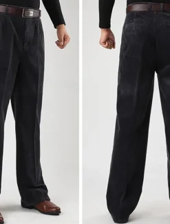 Sale OUKU Men's Dress Pants Corduroy Pants Trousers Straight Leg Plain Comfort Daily Classic Style Dark Khaki Black Micro-elastic