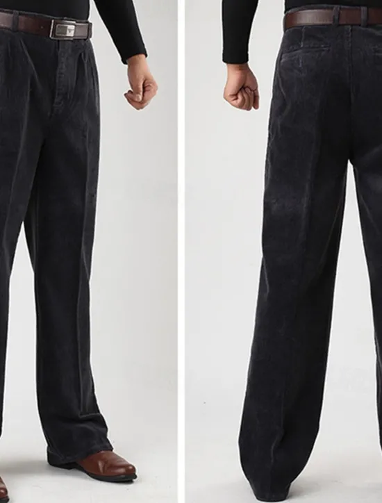 Sale OUKU Men's Dress Pants Corduroy Pants Trousers Straight Leg Plain Comfort Daily Classic Style Dark Khaki Black Micro-elastic