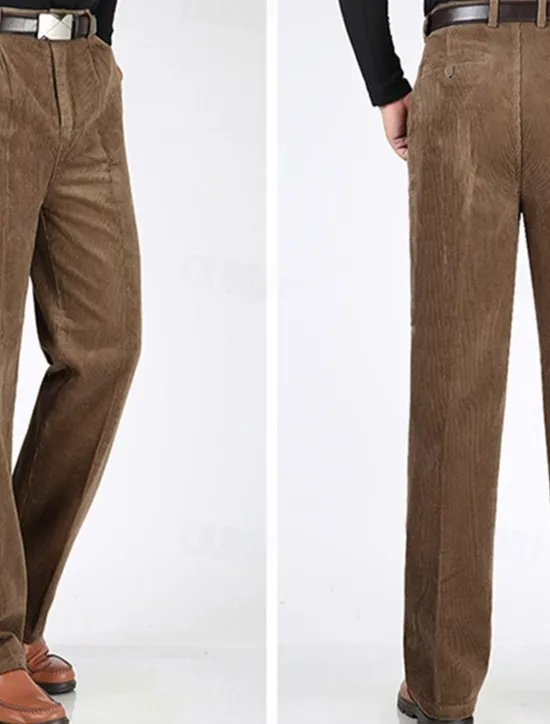 Sale OUKU Men's Dress Pants Corduroy Pants Trousers Straight Leg Plain Comfort Daily Classic Style Dark Khaki Black Micro-elastic