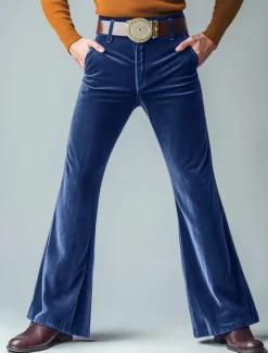 Online OUKU Men's Dress Pants Flared Pants Bell Bottom Trousers Velvet Pants Pocket Plain Comfort Soft Full Length Party Outdoor Daily Fashion Streetwear Blue Green Micro-elastic