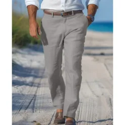 New OUKU Men's Dress Pants Linen Pants Trousers Summer Pants Beach Pants Straight Leg Plain Comfort Outdoor Casual Daily Streetwear Stylish White Navy Blue