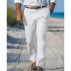 New OUKU Men's Dress Pants Linen Pants Trousers Summer Pants Beach Pants Straight Leg Plain Comfort Outdoor Casual Daily Streetwear Stylish White Navy Blue