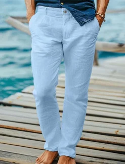Online OUKU Men's Dress Pants Linen Pants Trousers Summer Pants Beach Pants Front Pocket Straight Leg Plain Comfort Breathable Full Length Formal Business Holiday Fashion Basic Black White Inelastic