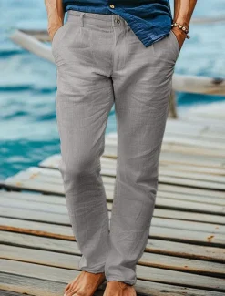 Online OUKU Men's Dress Pants Linen Pants Trousers Summer Pants Beach Pants Front Pocket Straight Leg Plain Comfort Breathable Full Length Formal Business Holiday Fashion Basic Black White Inelastic