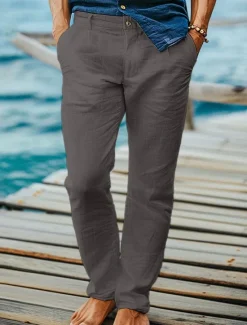 Online OUKU Men's Dress Pants Linen Pants Trousers Summer Pants Beach Pants Front Pocket Straight Leg Plain Comfort Breathable Full Length Formal Business Holiday Fashion Basic Black White Inelastic