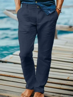 Online OUKU Men's Dress Pants Linen Pants Trousers Summer Pants Beach Pants Front Pocket Straight Leg Plain Comfort Breathable Full Length Formal Business Holiday Fashion Basic Black White Inelastic