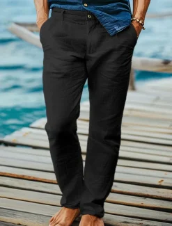 Online OUKU Men's Dress Pants Linen Pants Trousers Summer Pants Beach Pants Front Pocket Straight Leg Plain Comfort Breathable Full Length Formal Business Holiday Fashion Basic Black White Inelastic