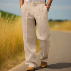 Hot OUKU Men's Dress Pants Linen Pants Trousers Summer Pants Pleated Pants Front Pocket Straight Leg Plain Comfort Breathable Full Length Casual Daily Holiday Fashion Streetwear Black White