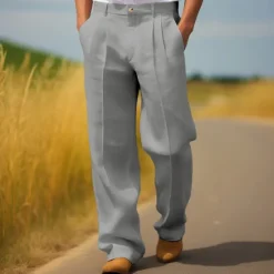 Hot OUKU Men's Dress Pants Linen Pants Trousers Summer Pants Pleated Pants Front Pocket Straight Leg Plain Comfort Breathable Full Length Casual Daily Holiday Fashion Streetwear Black White