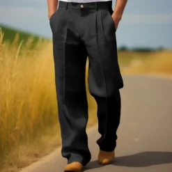 Hot OUKU Men's Dress Pants Linen Pants Trousers Summer Pants Pleated Pants Front Pocket Straight Leg Plain Comfort Breathable Full Length Casual Daily Holiday Fashion Streetwear Black White