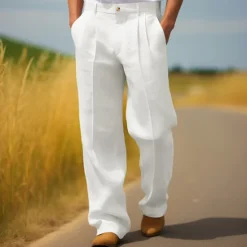 Hot OUKU Men's Dress Pants Linen Pants Trousers Summer Pants Pleated Pants Front Pocket Straight Leg Plain Comfort Breathable Full Length Casual Daily Holiday Fashion Streetwear Black White