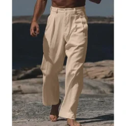 Online OUKU Men's Dress Pants Linen Pants Trousers Summer Pants Buttons Front Pocket Straight Leg Plain Comfort Breathable Casual Daily Holiday Fashion Basic White Beige