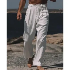 Online OUKU Men's Dress Pants Linen Pants Trousers Summer Pants Buttons Front Pocket Straight Leg Plain Comfort Breathable Casual Daily Holiday Fashion Basic White Beige