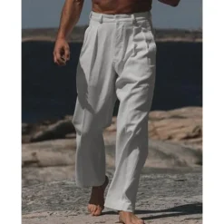 Online OUKU Men's Dress Pants Linen Pants Trousers Summer Pants Buttons Front Pocket Straight Leg Plain Comfort Breathable Casual Daily Holiday Fashion Basic White Beige