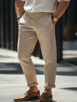 New OUKU Men's Dress Pants Linen Pants Trousers Summer Pants Pocket Straight Leg Plain Comfort Breathable Full Length Formal Business Daily Streetwear Stylish Black Navy Blue