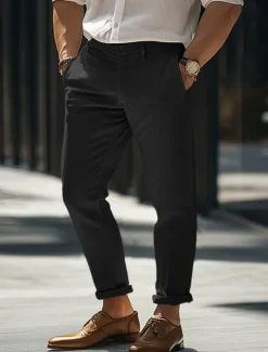 New OUKU Men's Dress Pants Linen Pants Trousers Summer Pants Pocket Straight Leg Plain Comfort Breathable Full Length Formal Business Daily Streetwear Stylish Black Navy Blue