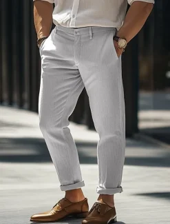 New OUKU Men's Dress Pants Linen Pants Trousers Summer Pants Pocket Straight Leg Plain Comfort Breathable Full Length Formal Business Daily Streetwear Stylish Black Navy Blue