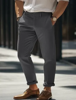 New OUKU Men's Dress Pants Linen Pants Trousers Summer Pants Pocket Straight Leg Plain Comfort Breathable Full Length Formal Business Daily Streetwear Stylish Black Navy Blue