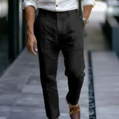Online OUKU Men's Dress Pants Linen Pants Trousers Summer Pants Buttons Straight Leg Plain Comfort Breathable Full Length Business Daily Streetwear Stylish Black White